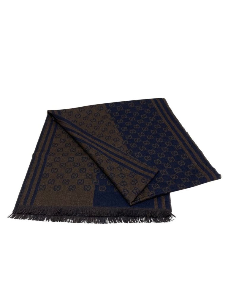 Gucci Gg Pattern Jacquard Wool Shawl Brown Navy Scarf